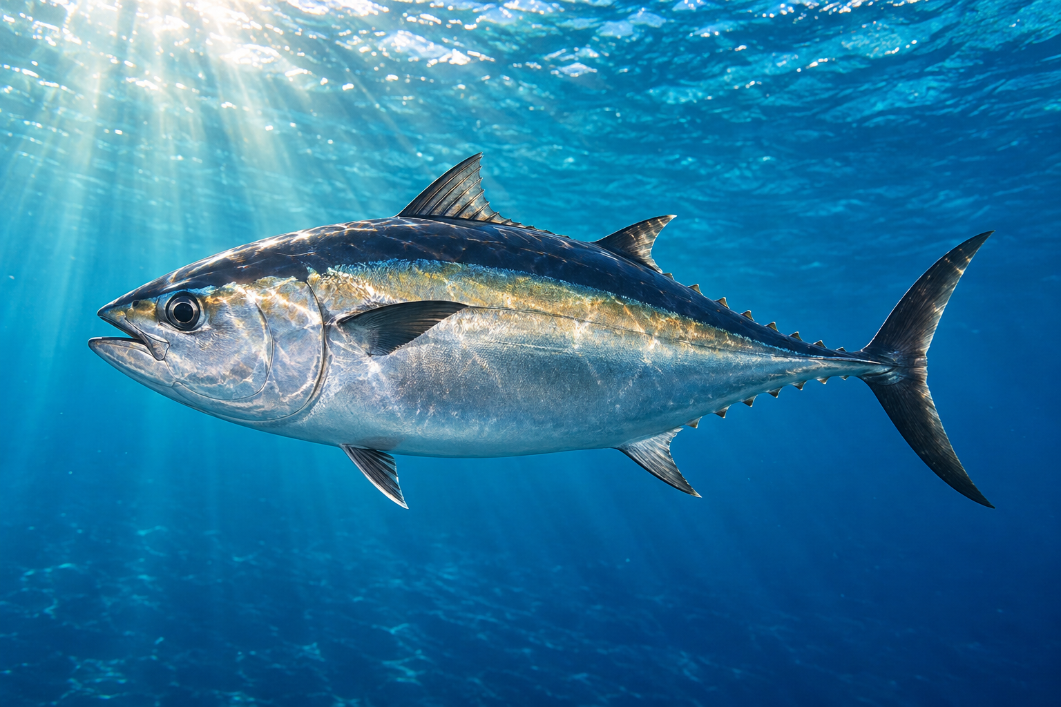 AI-generated underwater portrait of blackfin tuna in sunlit blue water