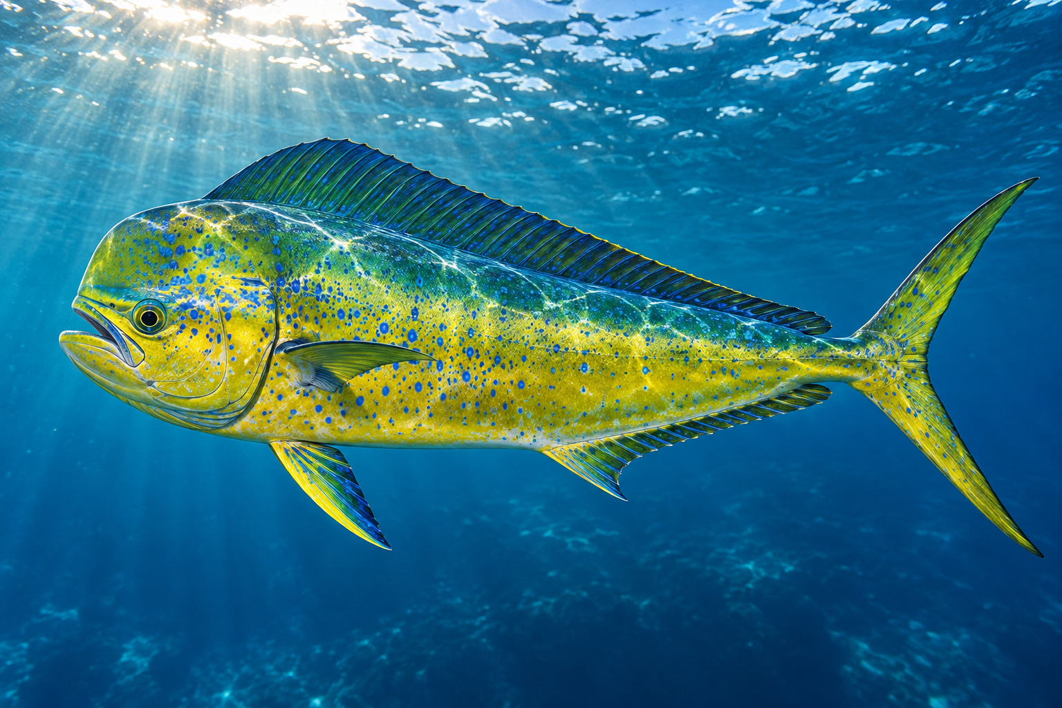 AI-generated underwater portrait of mahi-mahi in sunlit blue water