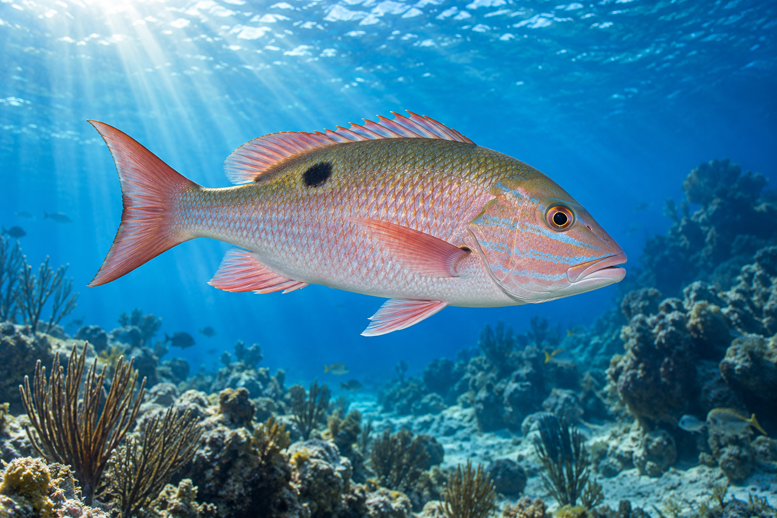 AI-generated underwater portrait of mutton snapper in sunlit blue water