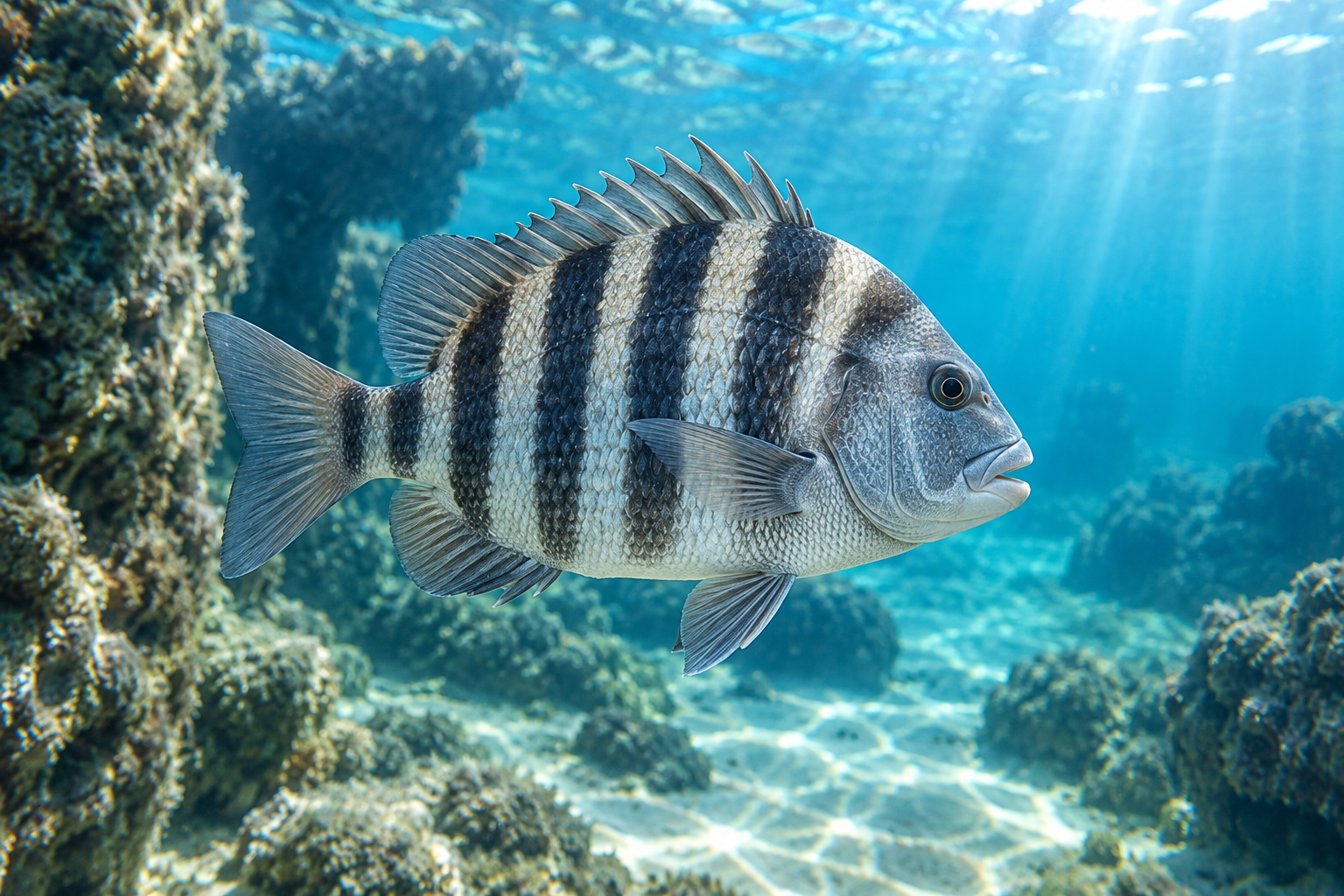 AI-generated underwater portrait of sheepshead in sunlit blue water