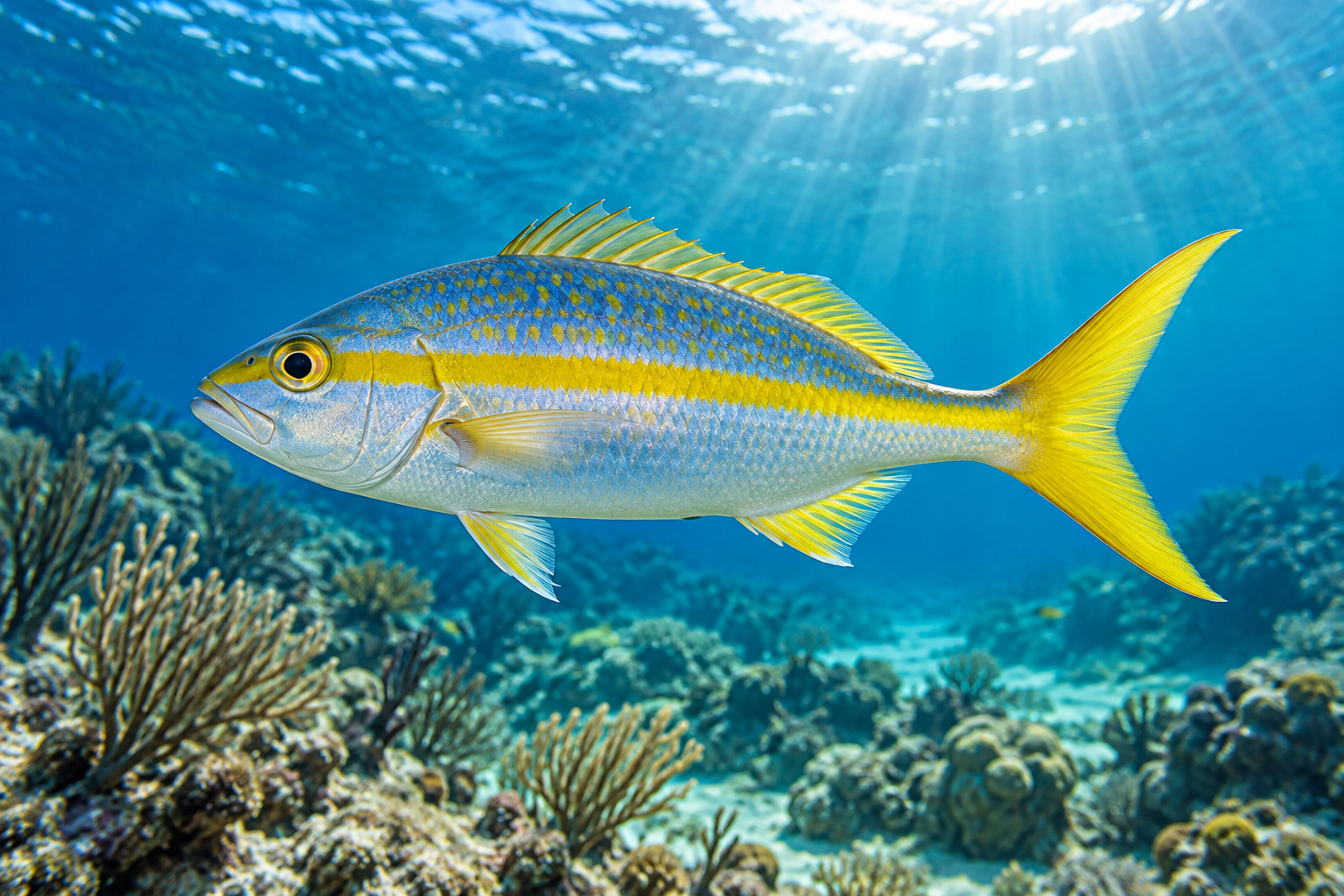 AI-generated underwater portrait of yellowtail snapper in sunlit blue water